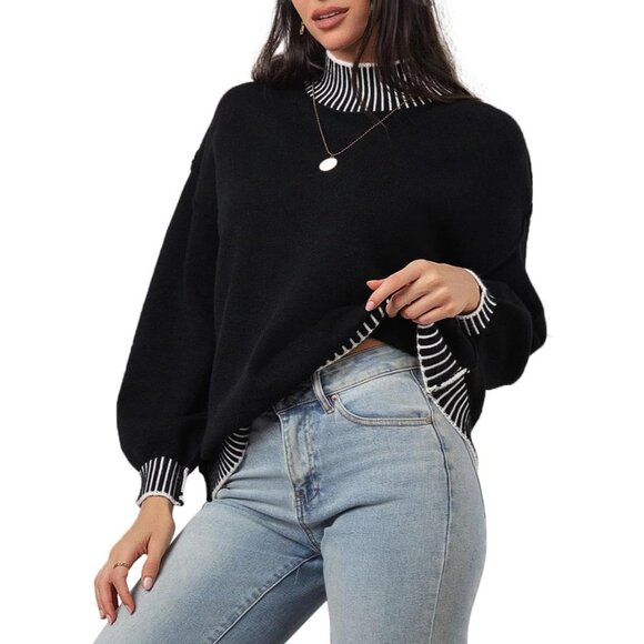 ✨Women's Black Fall Fashion Sweater Long Sleeve Striped Pullover Sweater Tops - Picture 1 of 7